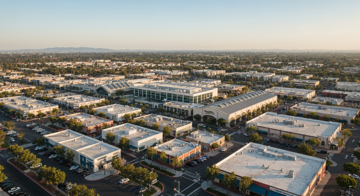 Anaheim California aerial view showing the convention center area and commercial district in Orange County