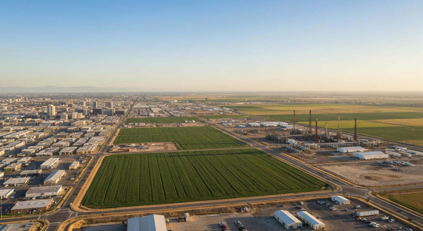Bakersfield California aerial view showing city development alongside agricultural fields and oil infrastructure in Kern County