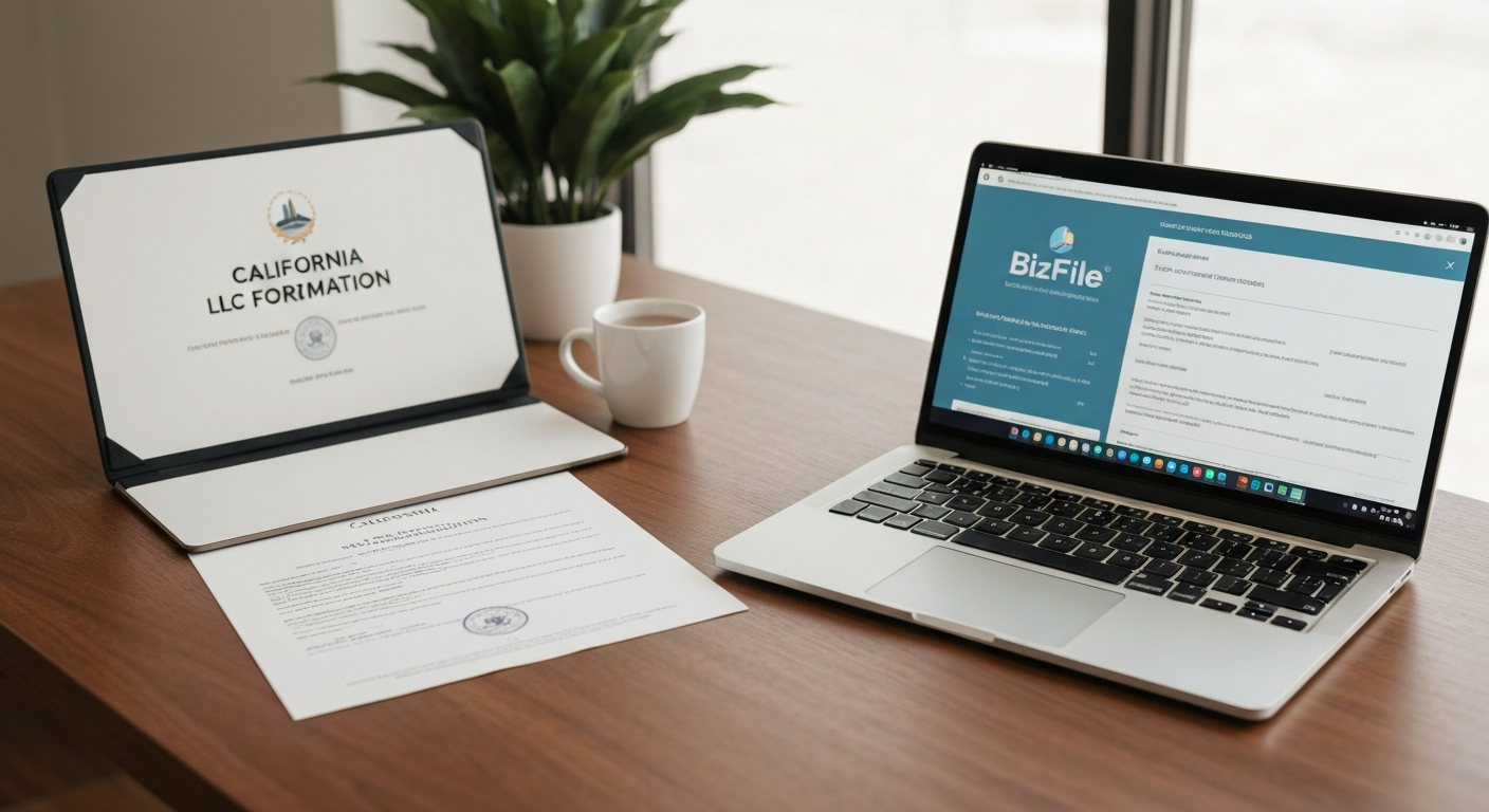 California LLC formation documents and laptop showing BizFile portal on desk