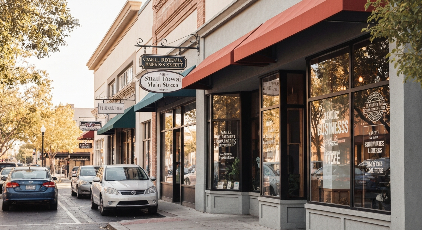 Small businesses on a California Main Street that require local business licenses