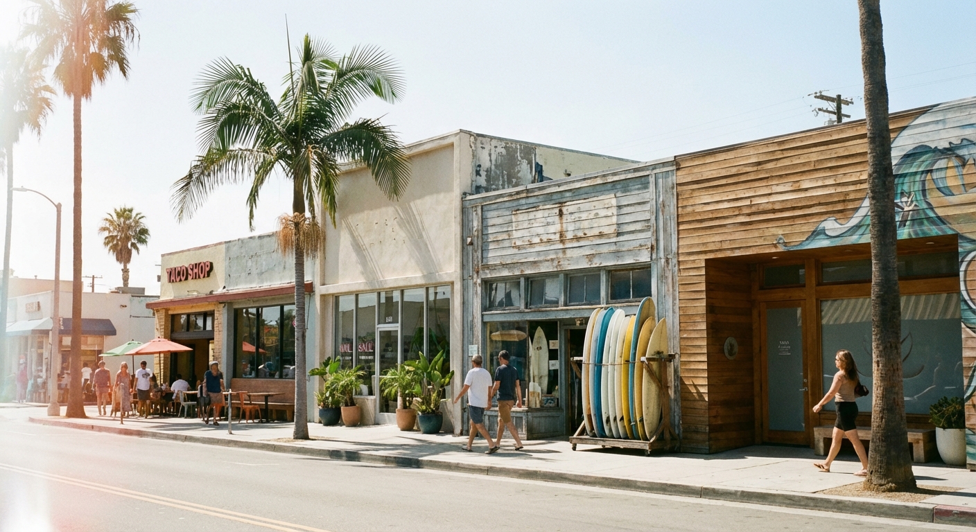 Small businesses on a California Main Street that require local business licenses