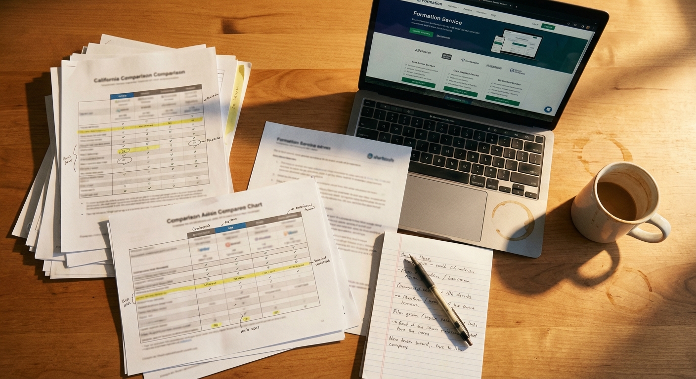 Comparing California LLC formation services with pricing notes on a desk