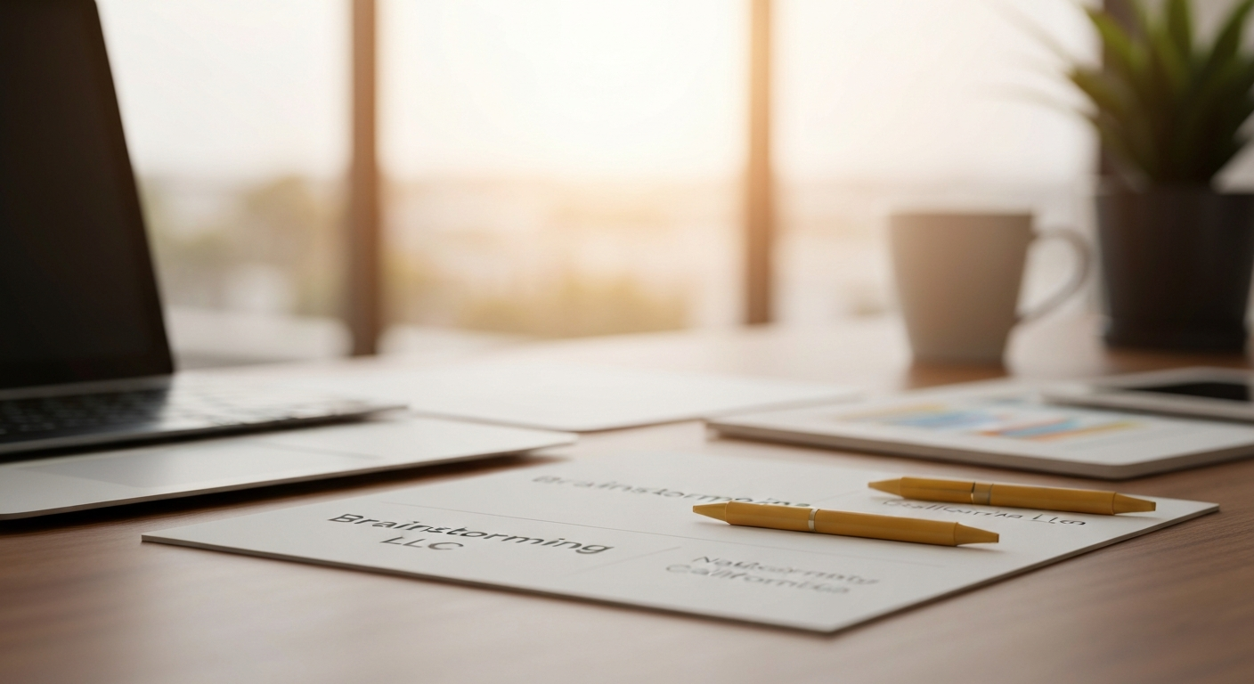 Brainstorming California LLC business names on a desk