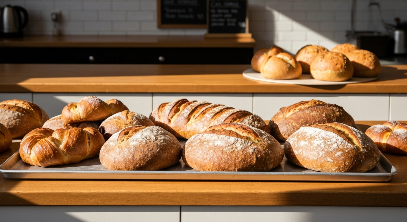 Freshly baked artisan breads and pastries on a sunlit California bakery counter