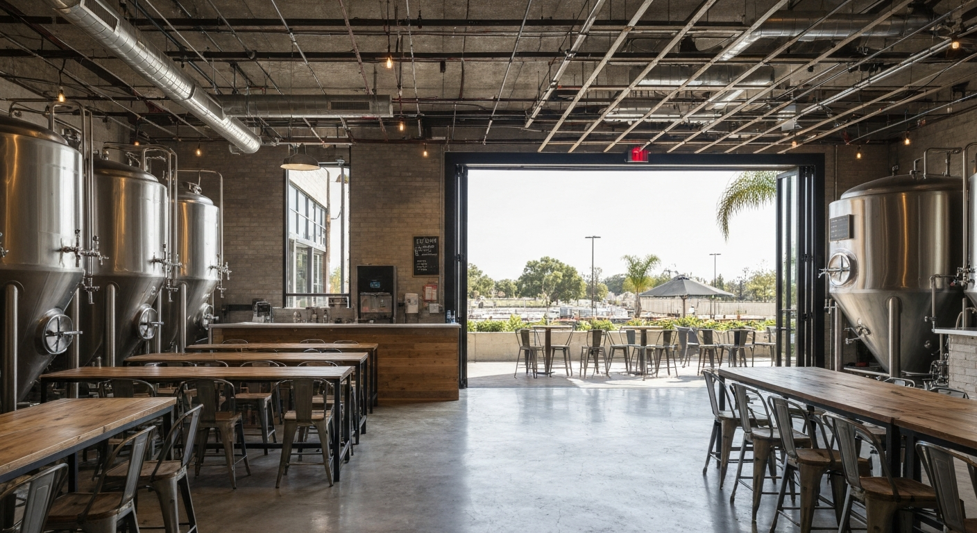 California craft brewery taproom interior with brewing tanks and open patio