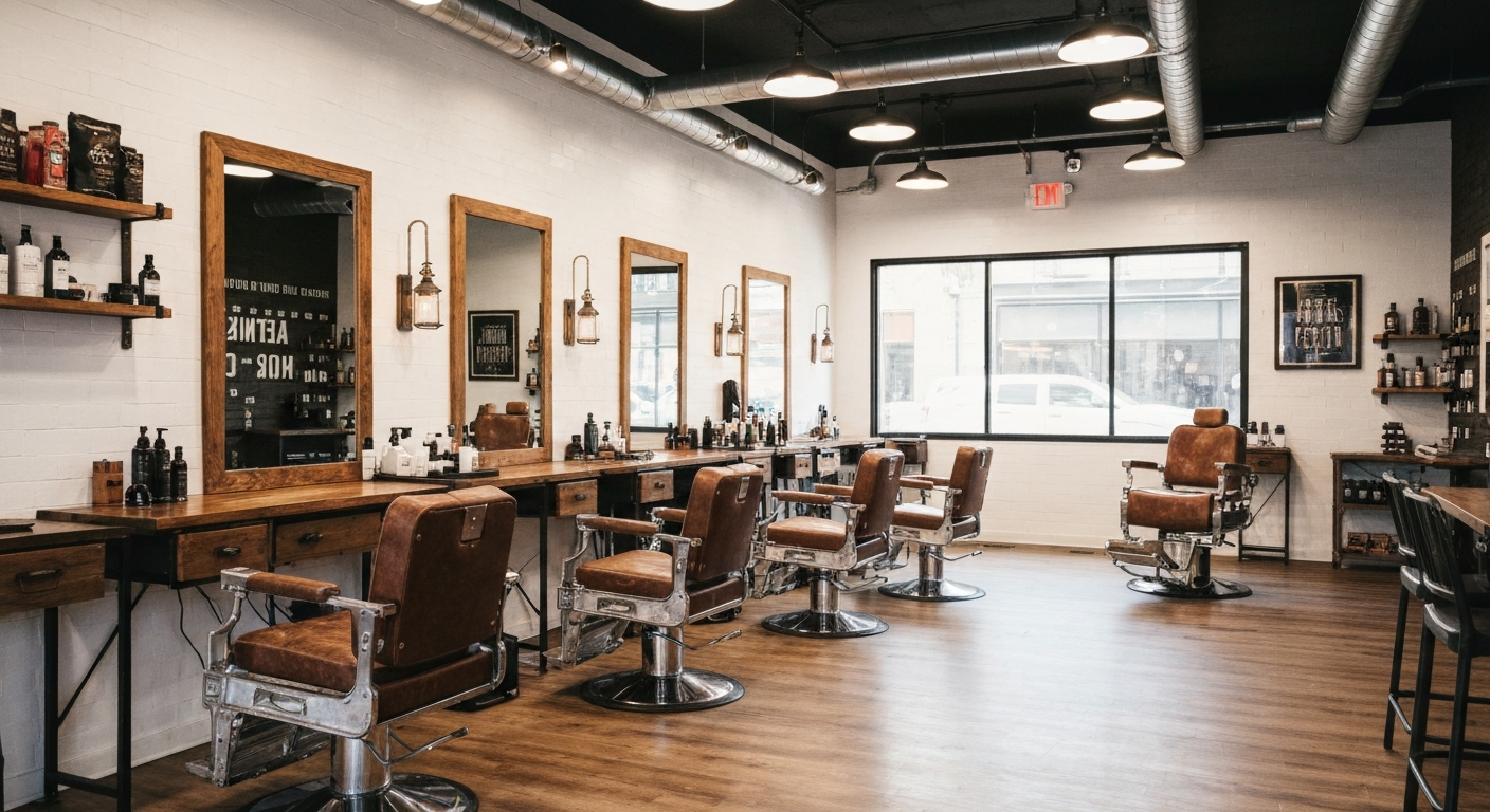 Modern California barbershop with industrial-chic design and leather chairs