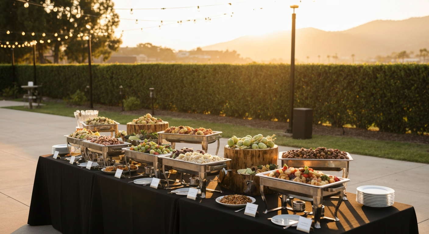 Elegant catering buffet setup at an outdoor California event venue at golden hour