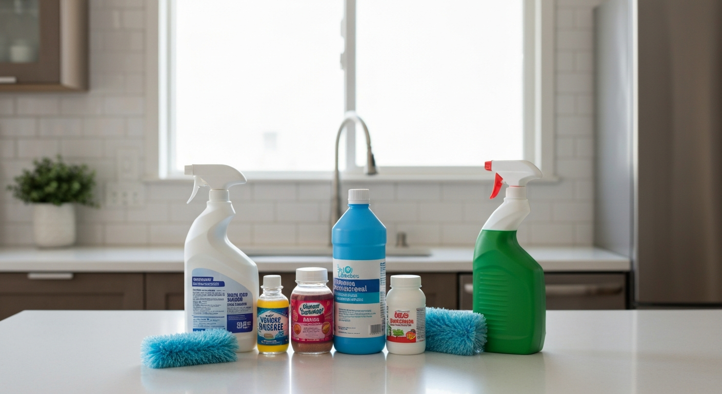 Professional cleaning supplies arranged on a bright California kitchen counter