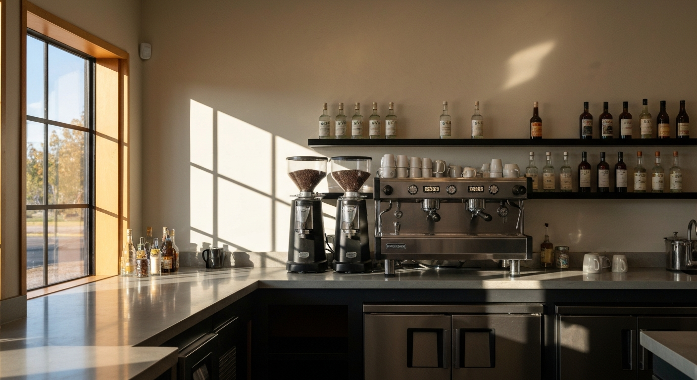 Bright modern California coffee shop interior with espresso machine and morning sunlight