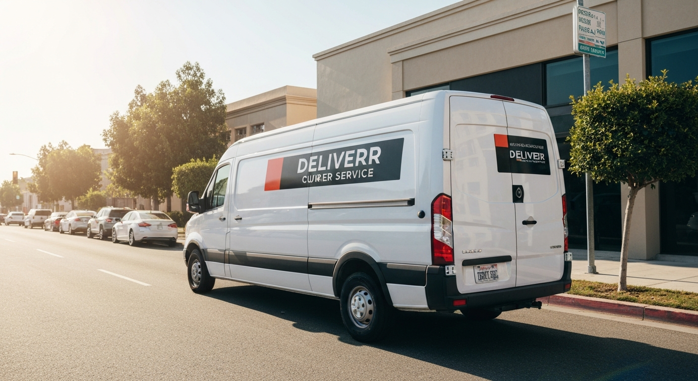 Delivery van with packages on a sunny California street ready for courier service