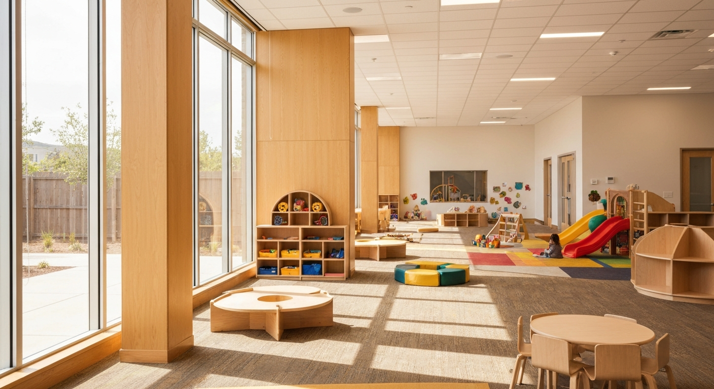 Modern California daycare facility with bright play area and natural light