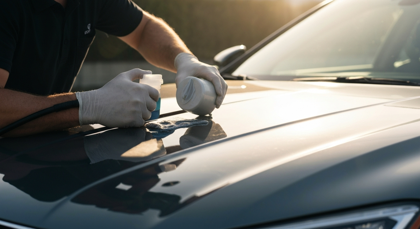 Professional auto detailing in progress on a glossy car surface in California sunlight