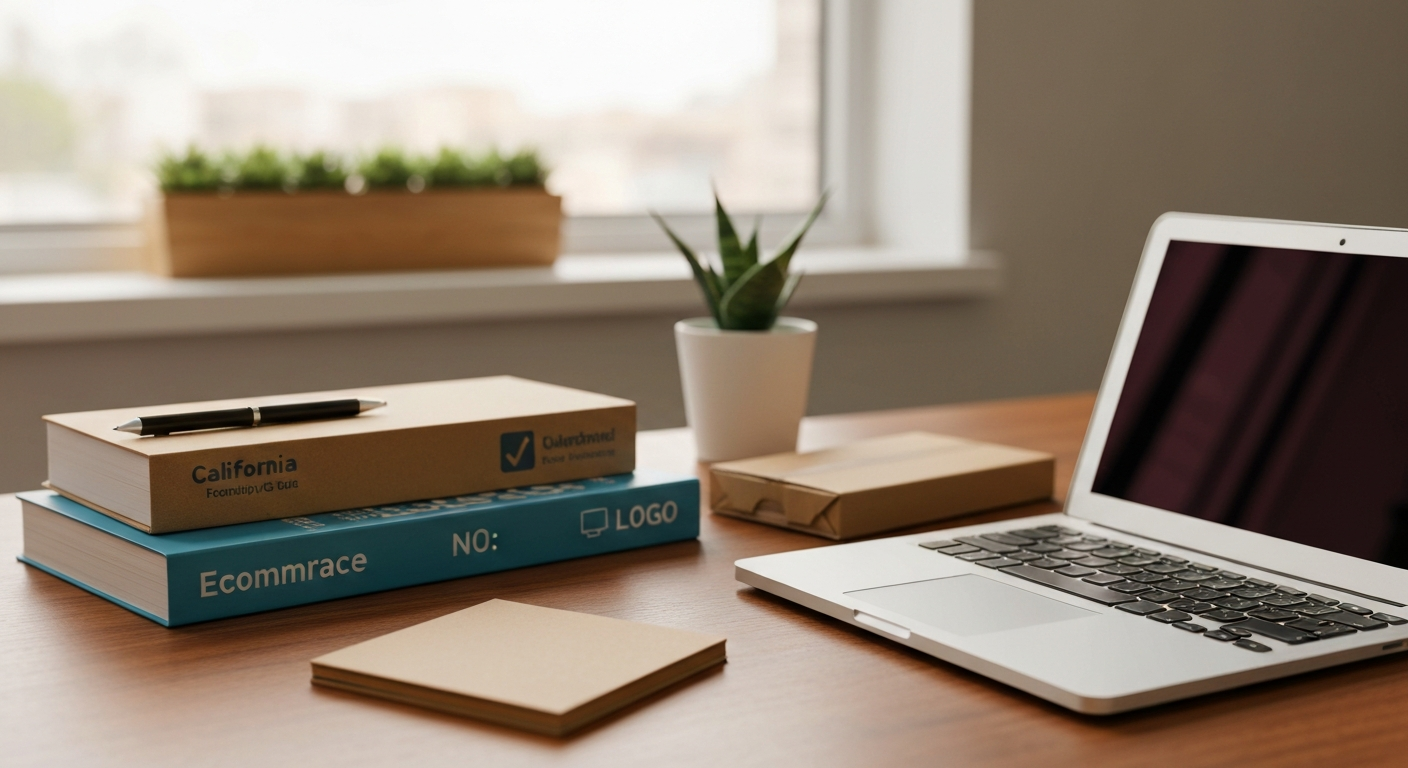 California ecommerce workspace with laptop and shipping supplies