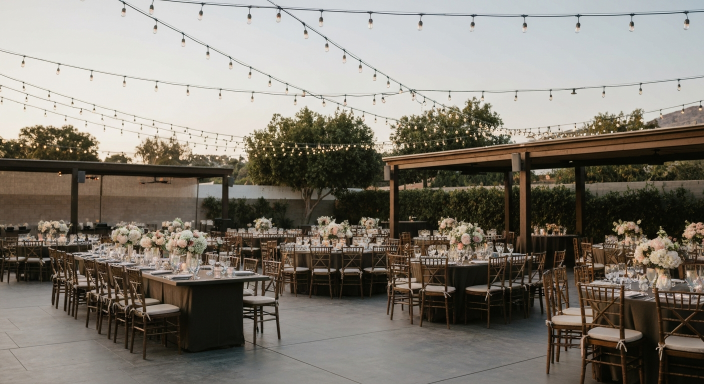 Elegant outdoor event setup at a California venue with string lights and floral centerpieces