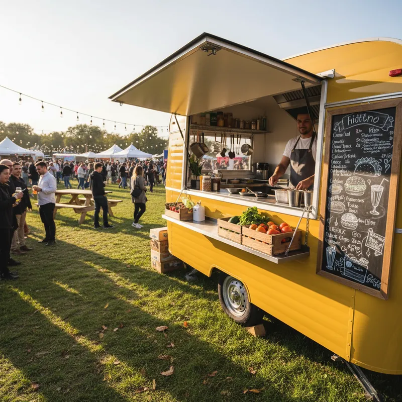 Food trailer at a California coastal event area with palm trees and sunset light