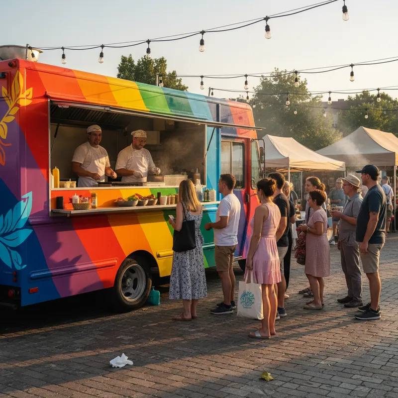 Colorful food truck with serving window open on a sunny California street with palm trees