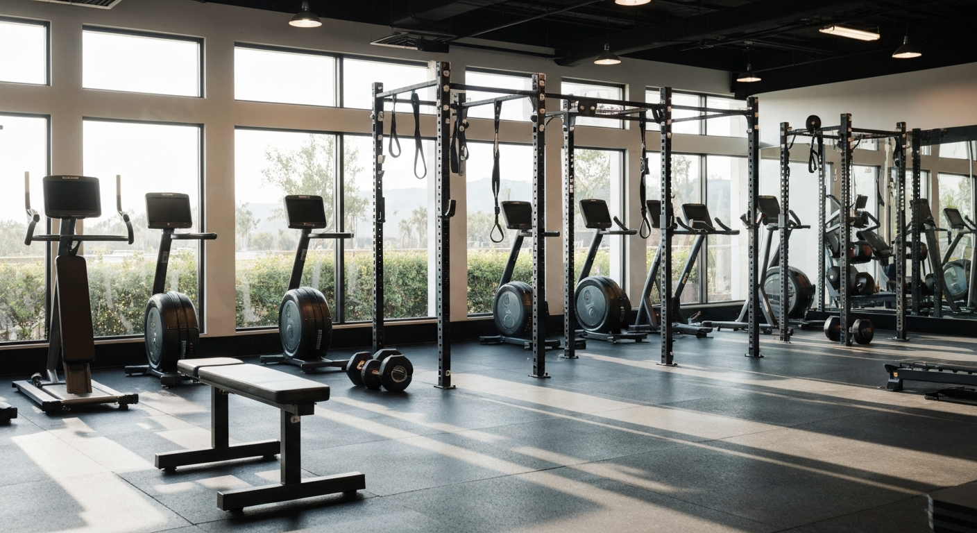 Modern California fitness studio with natural light and equipment
