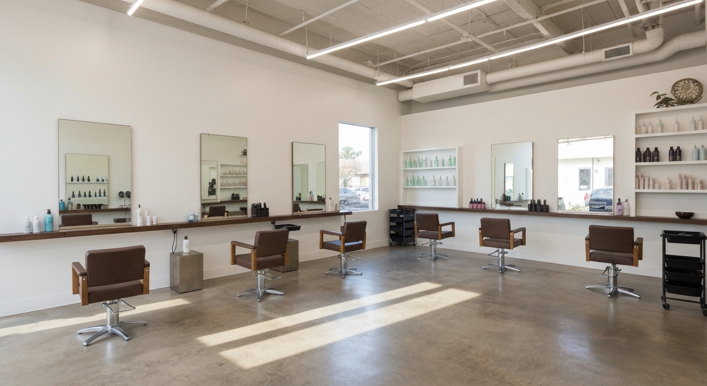 Modern California hair salon with minimalist design and natural light