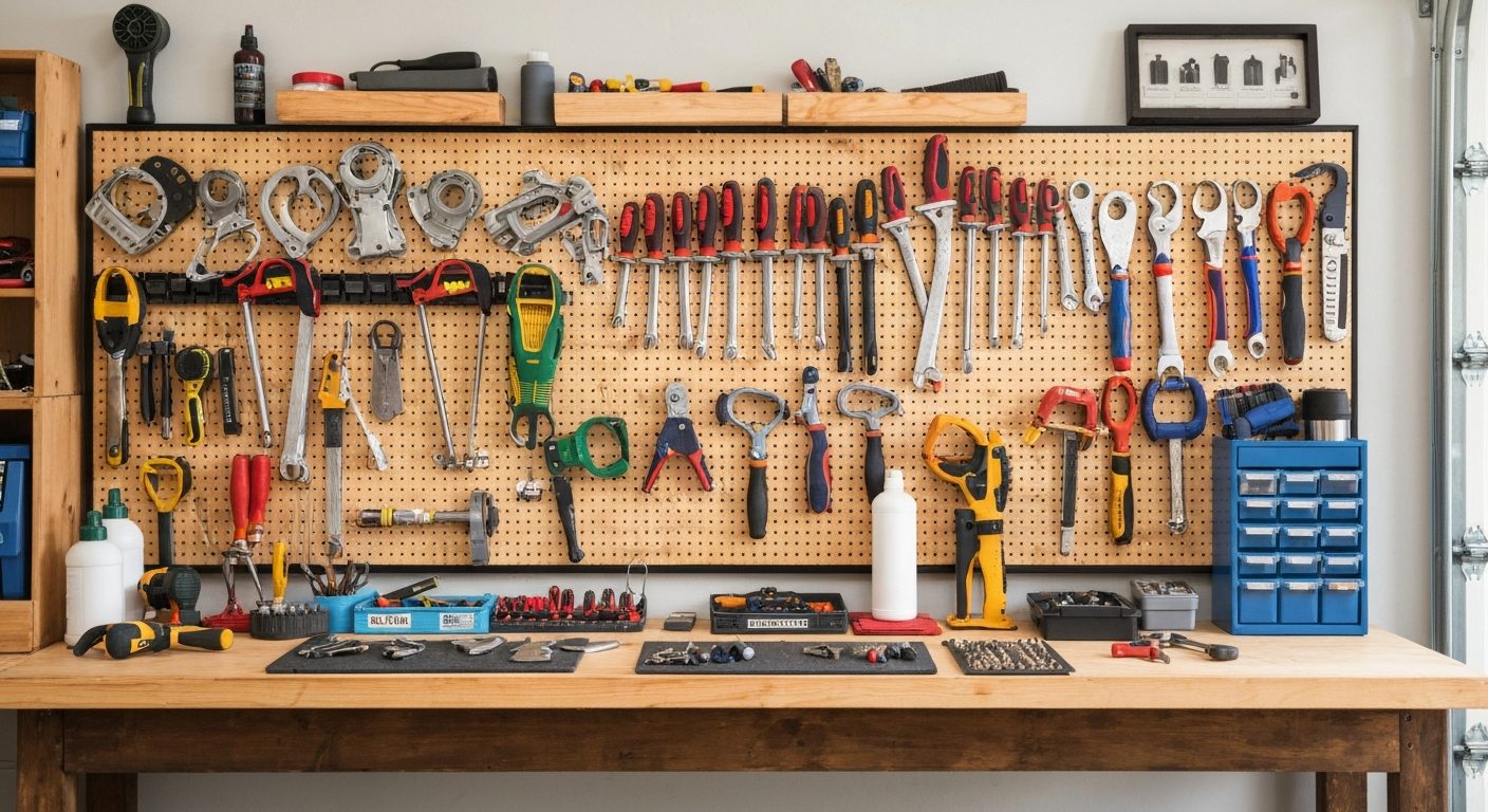 Organized handyman tools in a California garage workshop