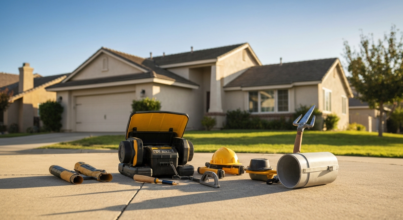 Home inspection tools and equipment with a California suburban home in the background