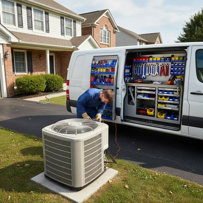 HVAC service van at a California residential home with rooftop unit