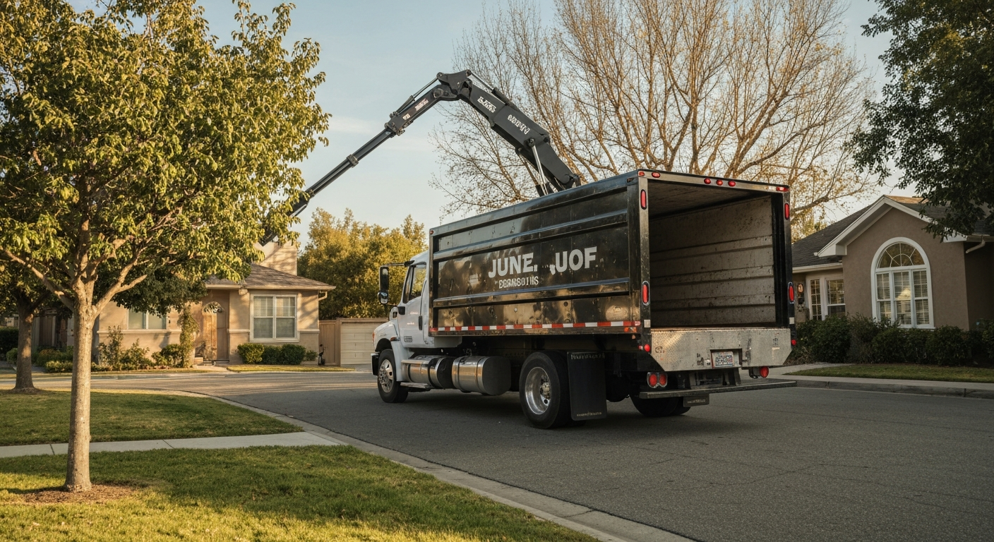 Junk removal truck being loaded in a California residential neighborhood