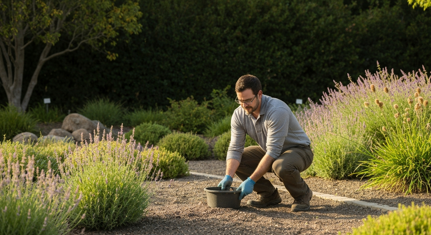 Professional landscaper working on a drought-tolerant California garden