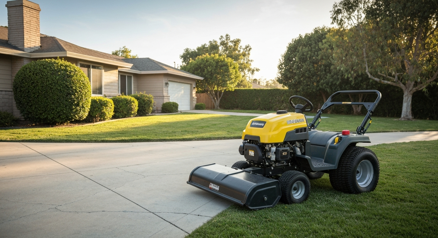 Professional lawn care equipment on a California residential property