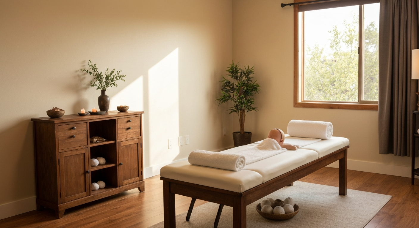 Zen-inspired California massage therapy studio with natural light