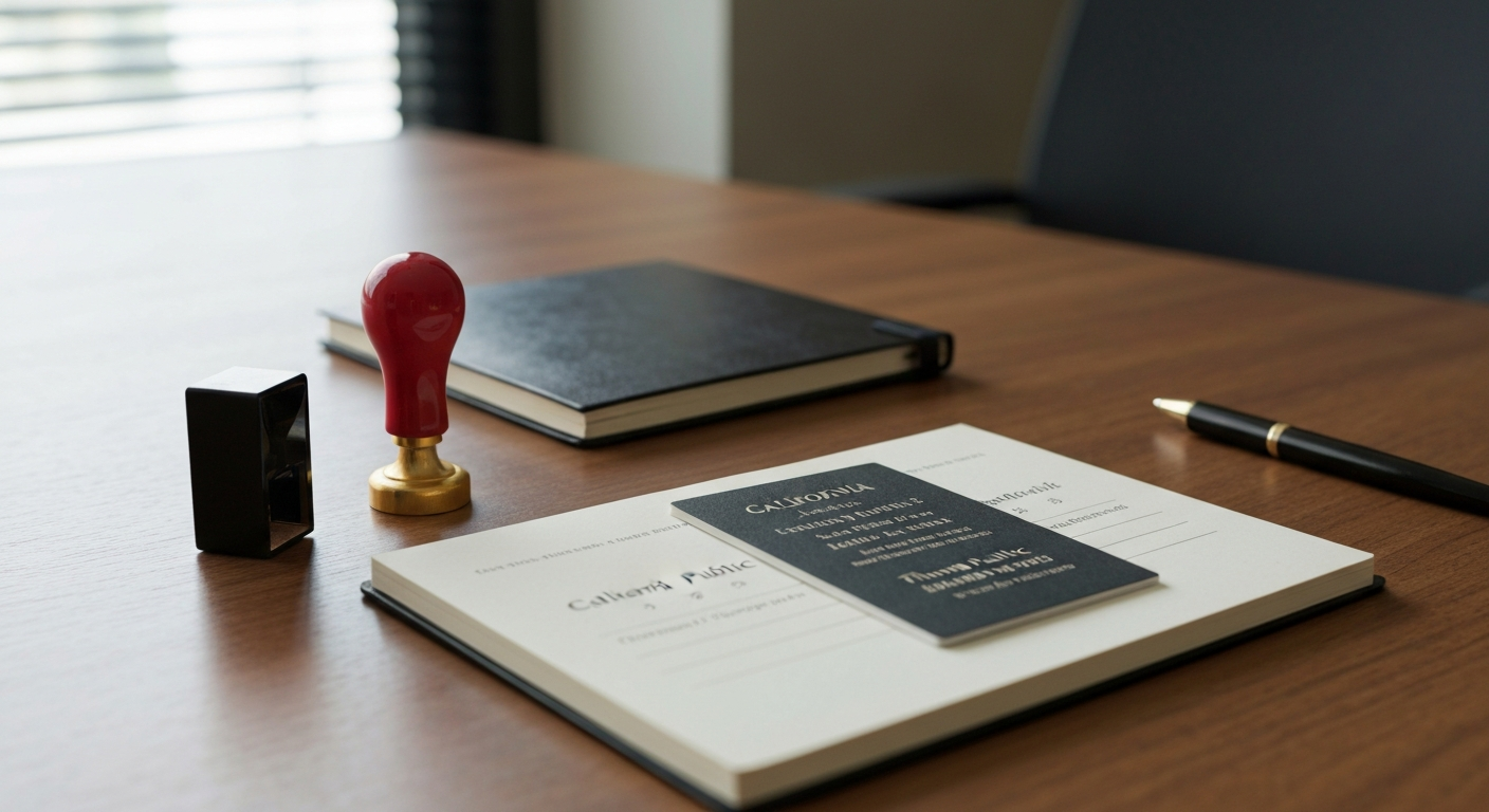 California notary public supplies including stamp, journal, and thumbprint pad on a professional desk
