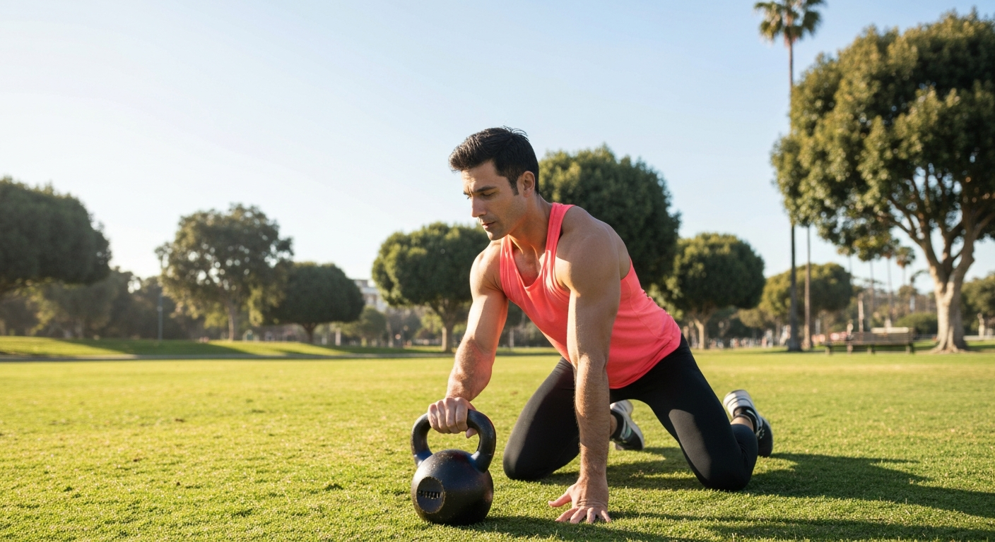 Personal training session with kettlebell in a sunny California park