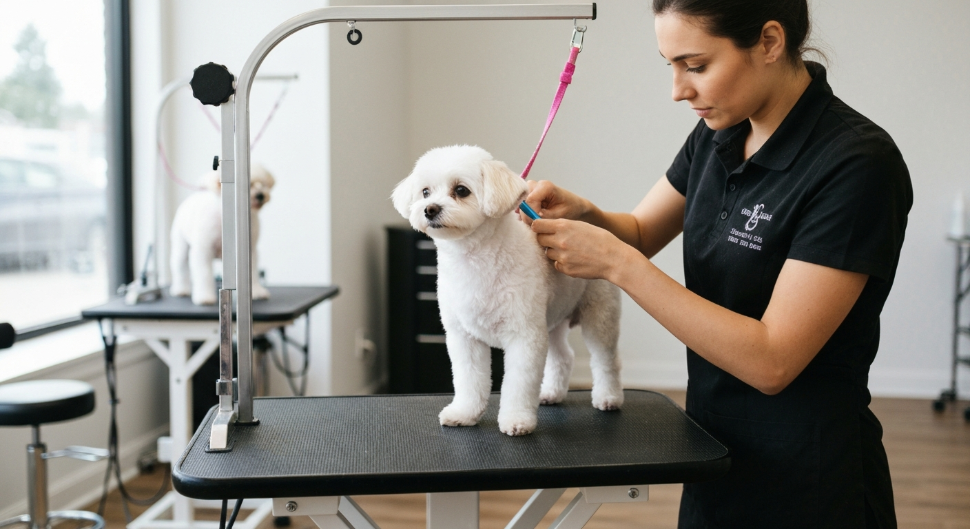 Small white dog being groomed on a professional table in a bright California grooming salon