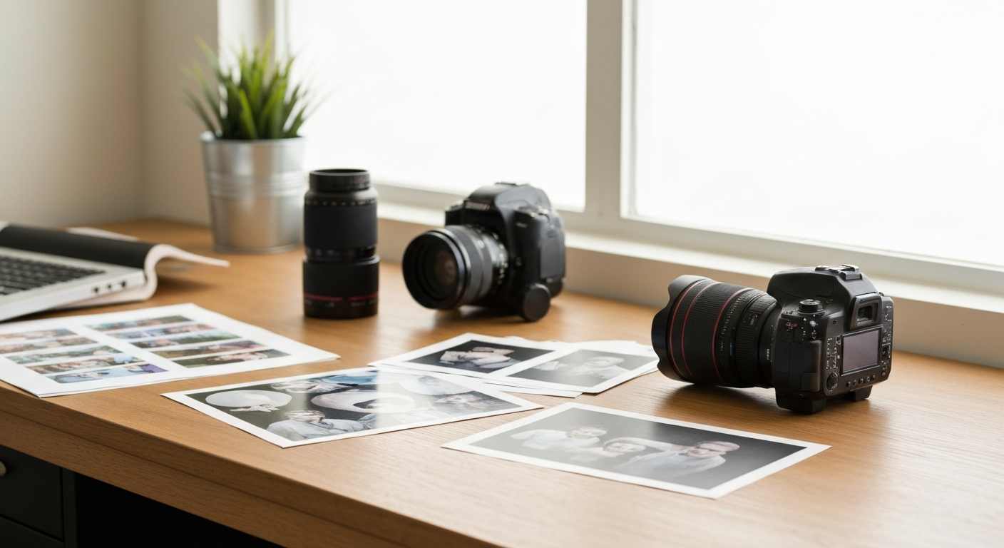 Professional photography equipment and prints on a bright California workspace desk