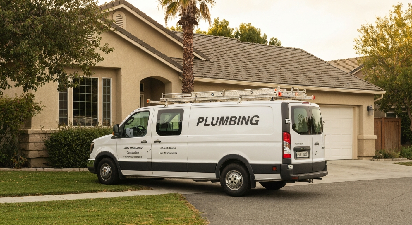 Plumbing service van at a California residential home