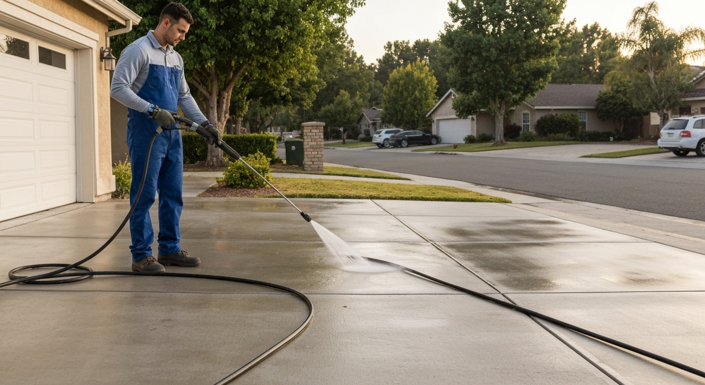 Pressure washing a concrete driveway in a California suburban neighborhood