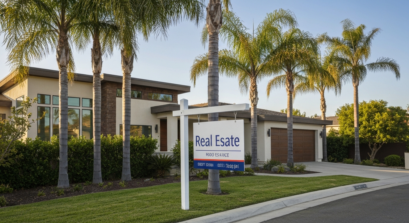 Real estate sign in front of a California modern home with palm trees