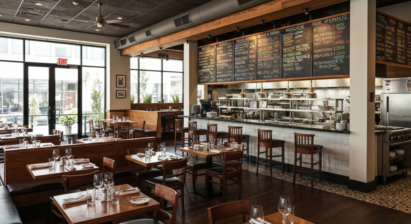 Warm inviting California restaurant interior with open kitchen and modern casual dining atmosphere