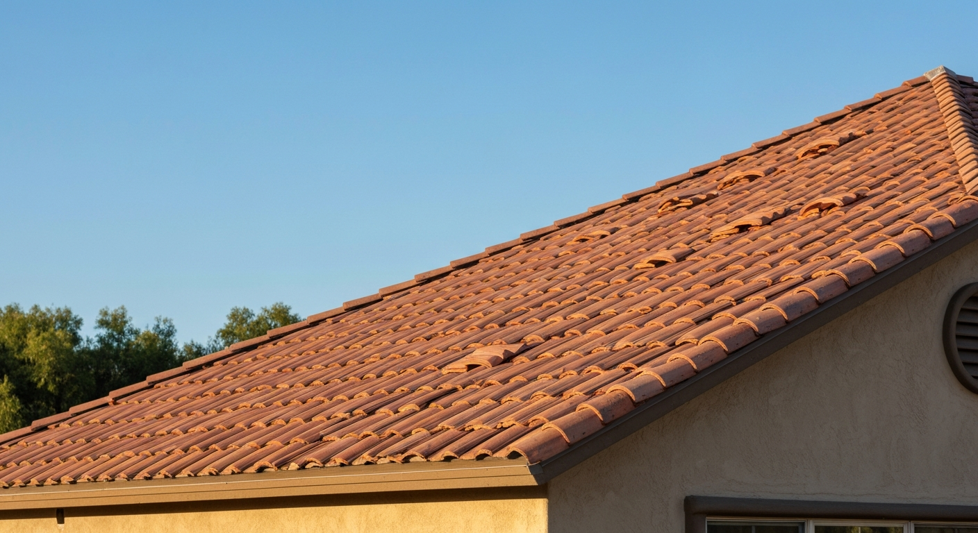 Roofing installation on a California stucco home with clay tiles