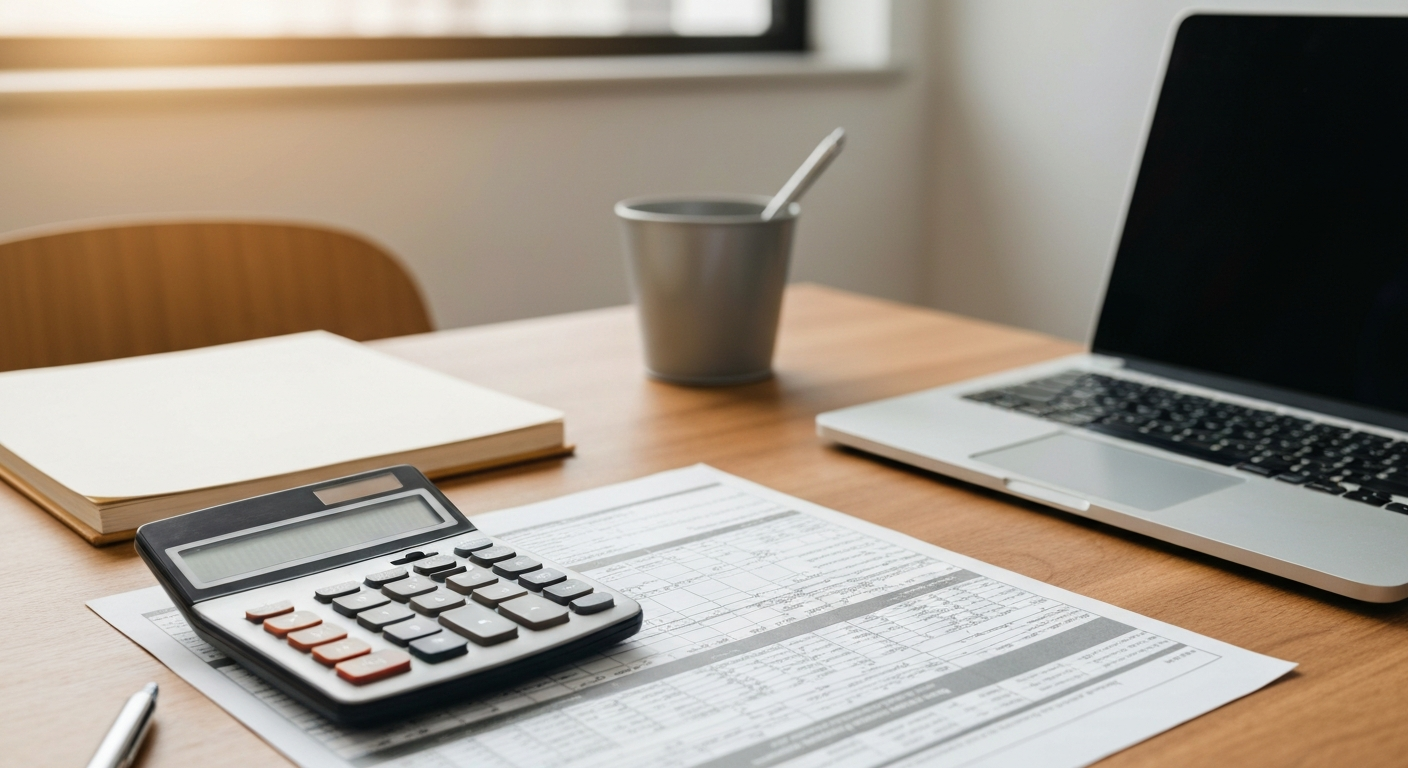 Professional tax preparation workspace with forms, calculator, and laptop