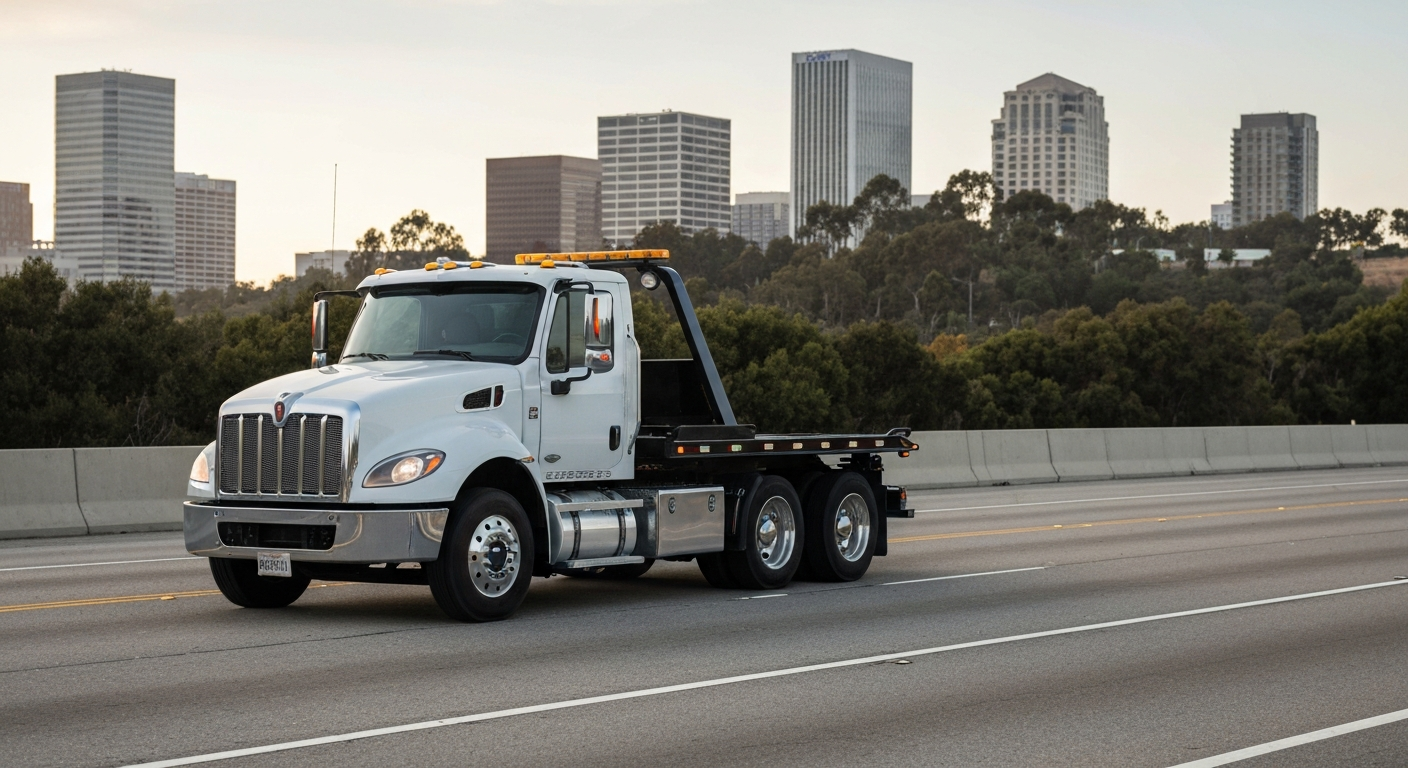 Professional flatbed tow truck on a California highway with city backdrop