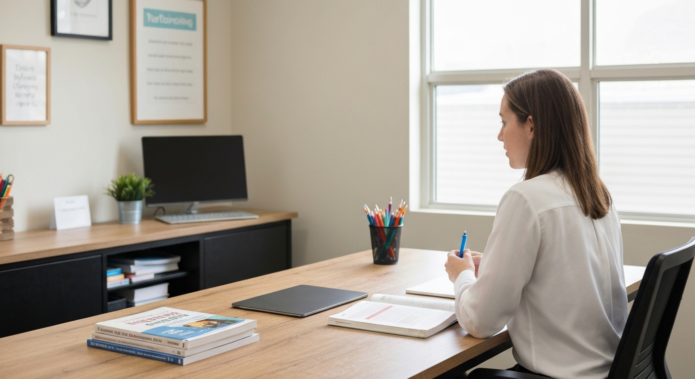 Inviting tutoring workspace with textbooks and educational materials in California