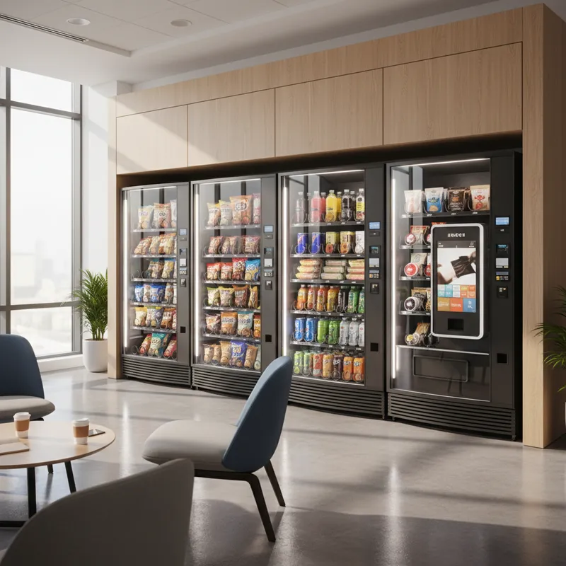 Modern vending machines in a California office building lobby