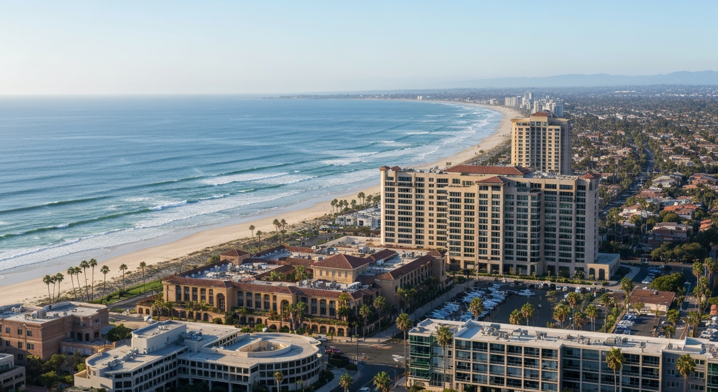 Carlsbad California coastal cityscape showing the North County San Diego business community and Pacific Ocean