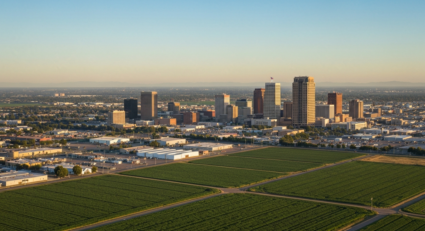 Fresno California aerial view showing Central Valley agricultural fields alongside the city skyline