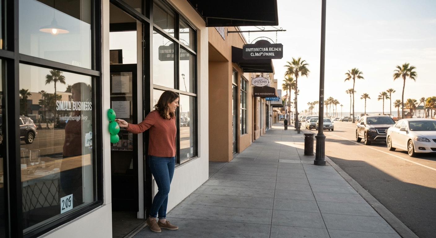Small business owner opening a retail shop in Huntington Beach California's beachfront commercial district