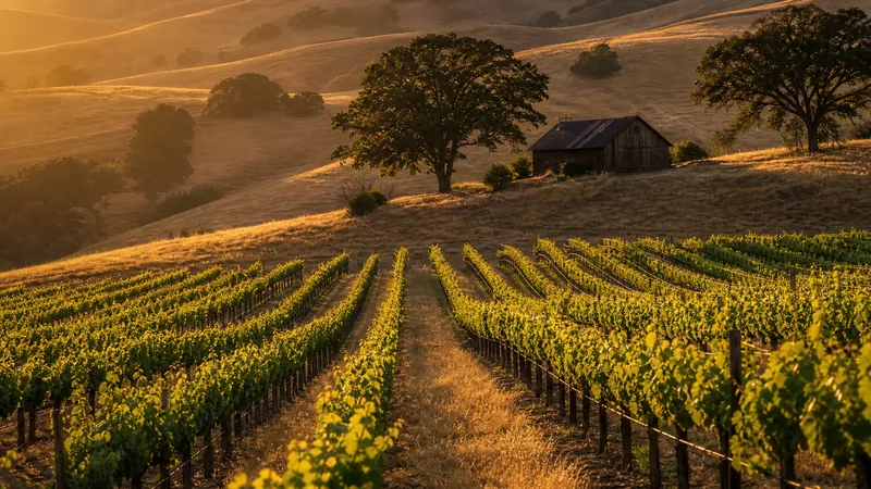 Rows of grapevines on rolling golden hills with a rustic barn and oak trees at sunrise, How to Start a Winery in California