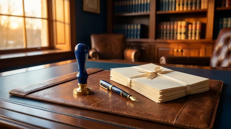 Embossing seal, pen and documents on a desk, California Professional Corporations