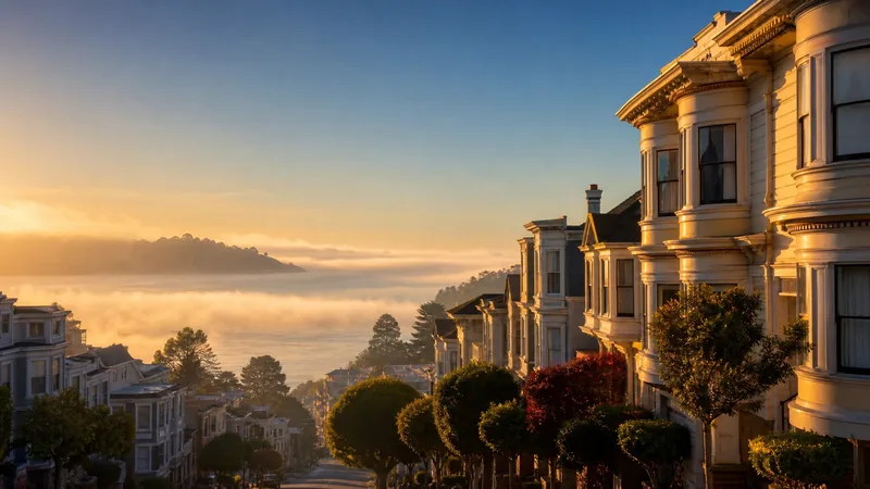 Hillside street of pastel Victorian-style row houses and a bay in morning fog, San Francisco Short-Term Rental Registration