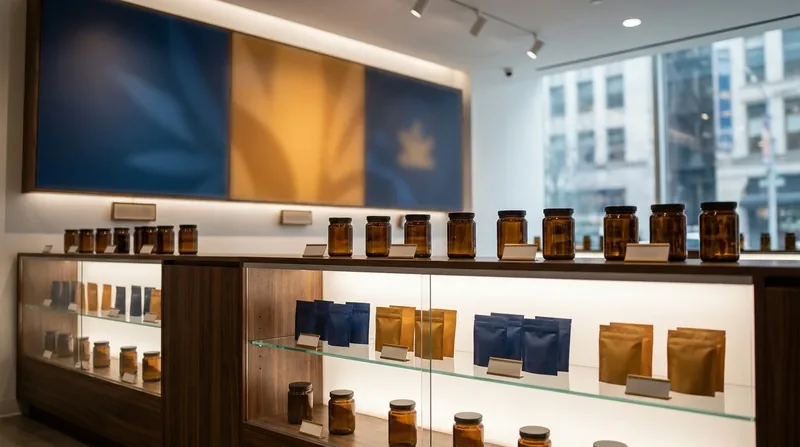 Minimal retail shelf of jars and pouches, California Cannabis Business License
