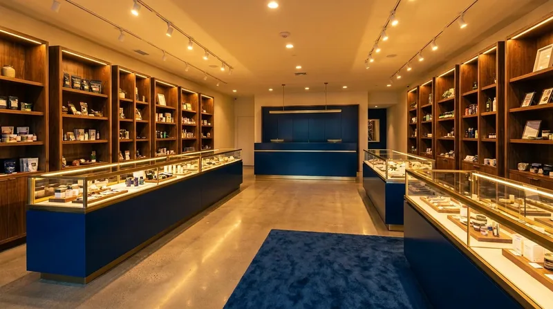 Licensed retail interior with glass display cases, How to Start a Cannabis Dispensary in California